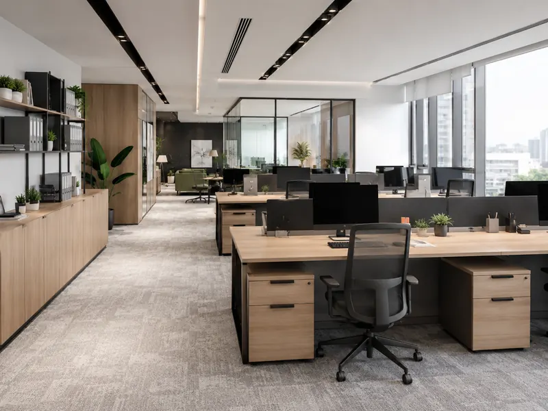 Oficinas corporativas con sillas ergonómicas y mobiliario funcional