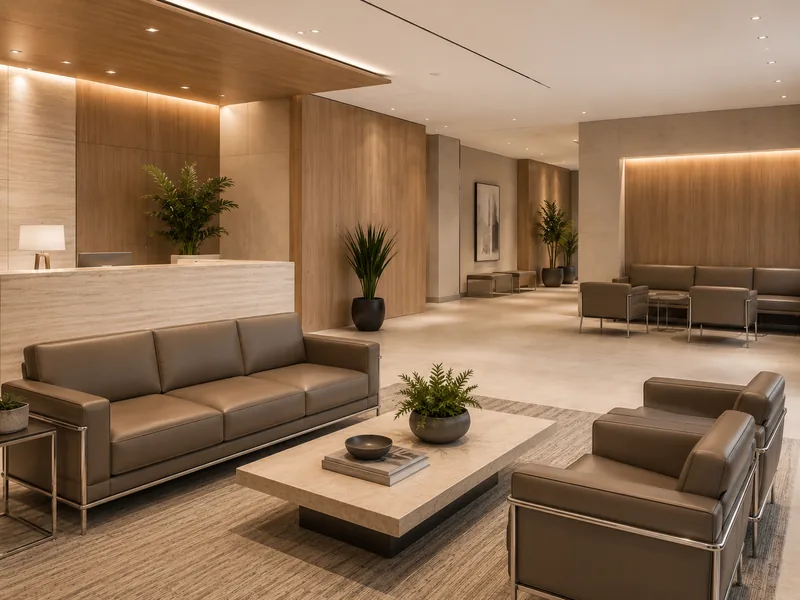 Recepciones y salas de espera con sofás y mobiliario corporativo
