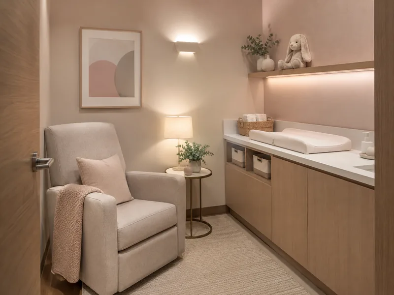Sala de lactancia corporativa con mobiliario cómodo y seguro